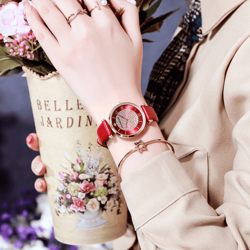 WWOOR 8851 Sky Diamond Dial Ladies Wrist Watch Leather Watch Band Quartz Watch - MRSLM