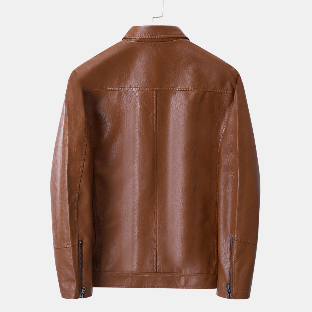 Men Zipper Cuff Multi Pockets Leather Rider Jacket - MRSLM