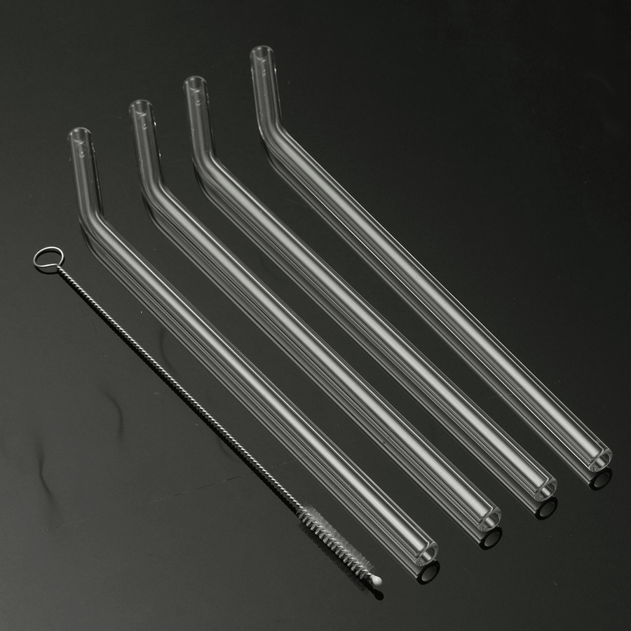 4Pcs 5Mm Reusable Clear Bent Glass Drinking Straws Water Juice Straws with Cleaning Brush - MRSLM