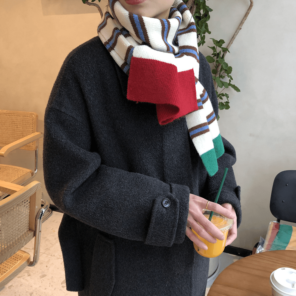 Casual Contrast Striped Knitted Warm Wool Scarf - MRSLM