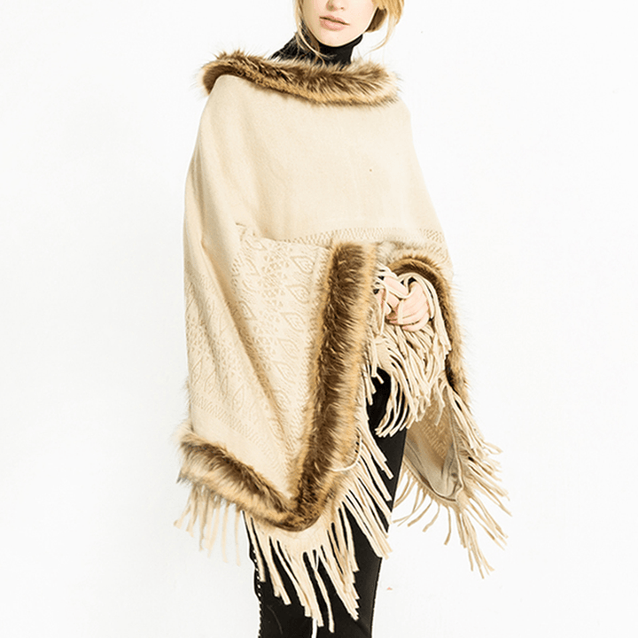 Women Tassel Solid Fur Poncho with Hood Warm Scarves - MRSLM