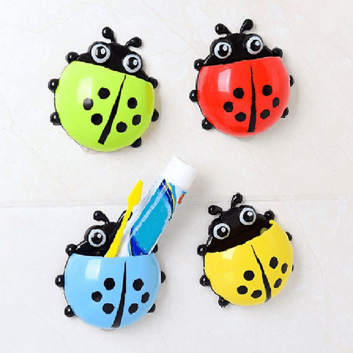 4 Color Toothbrush Cup Holder Storage Rack for Home Bathroom Organizer Ladybug Toothbrush Holder Strong Suction Cup Creative Cartoon PVC Wall Mount - MRSLM