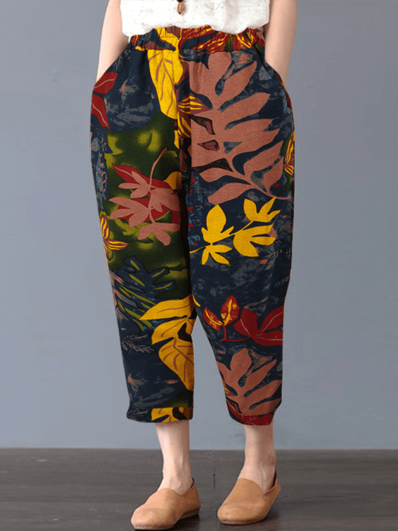 Women Bohemian 100% Cotton Floral Printed Side Pockets Elastic Waist Pants - MRSLM