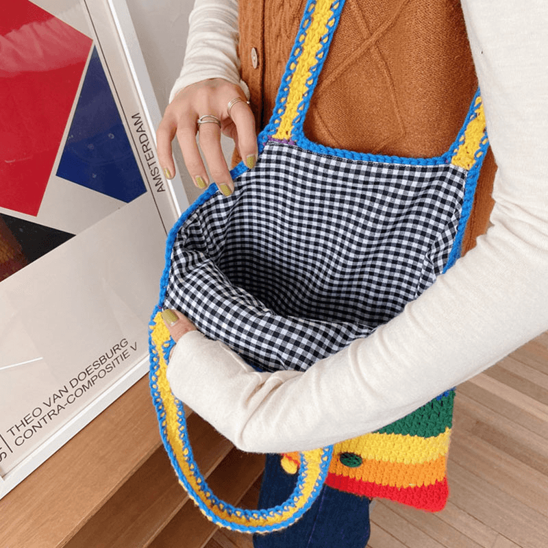 Women Rainbow Stripe Cartoon Cute Casual Youth Wool Knitted Bag Handbag Tote Crossbody Bag - MRSLM