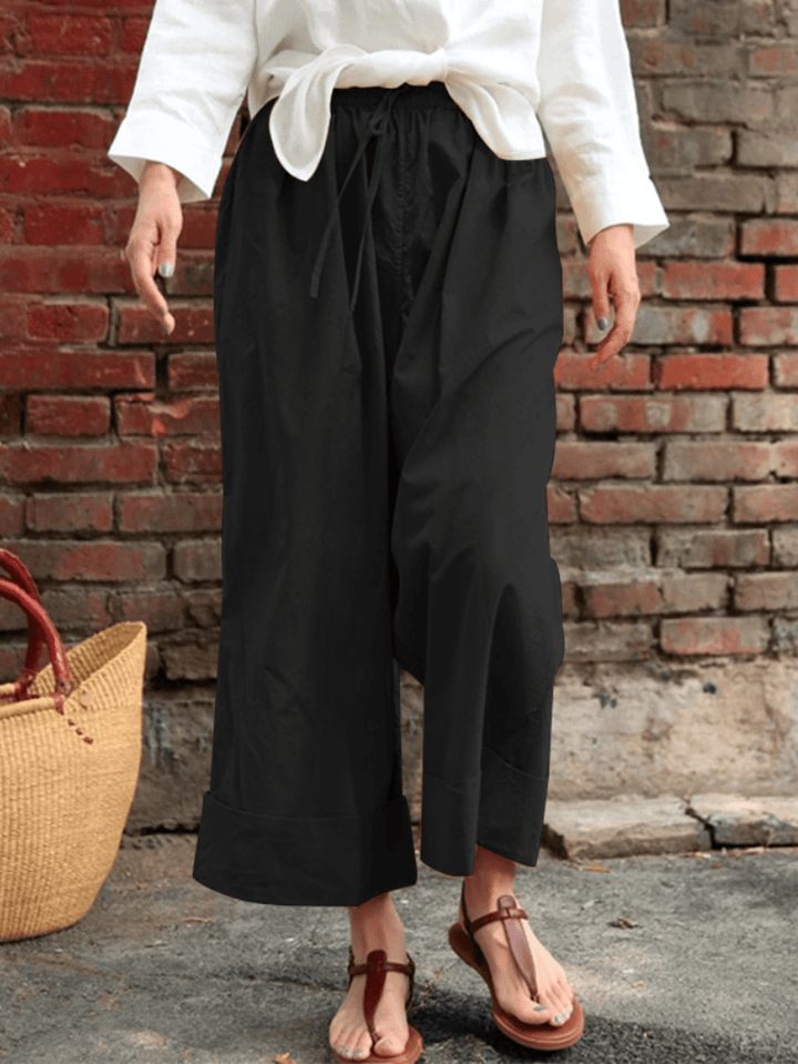 Women Casual Drawstring Waist Solid Holiday Vintage Wide Leg Pants with Pockets - MRSLM