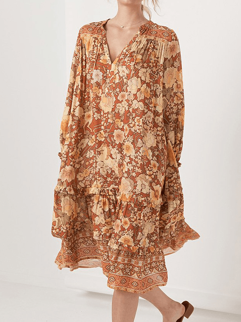Bohemian Floral Print V-Neck Long Sleeve Mid-Long Dress - MRSLM