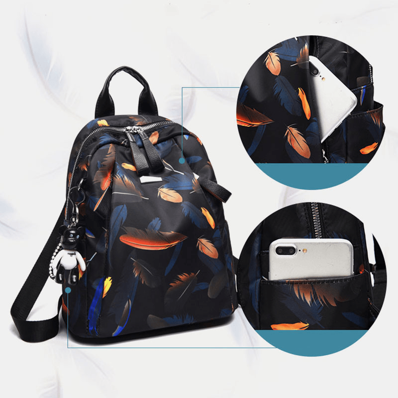 Women Oxford Butterfly Feather Pattern Large Capacity Headset Hole Waterproof Anti-Theft Casual Backpack - MRSLM