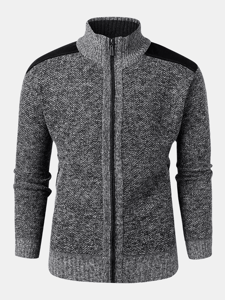 Mens Patchwork Zip Front Knit Patched Sleeve Warm Cardigans - MRSLM