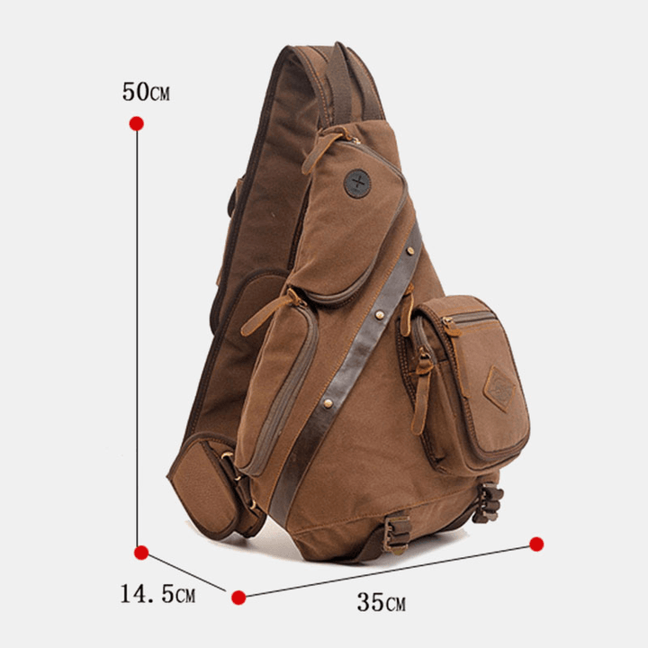 Men Genuine Leather and Canvas Travel Outdoor Carrying Bag Multi-Pocket Crossbody Bag Chest Bag - MRSLM