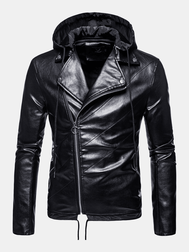 Mens PU Leather Asymmetric Zipper Drawstring Hem Hooded Biker Jacket - MRSLM