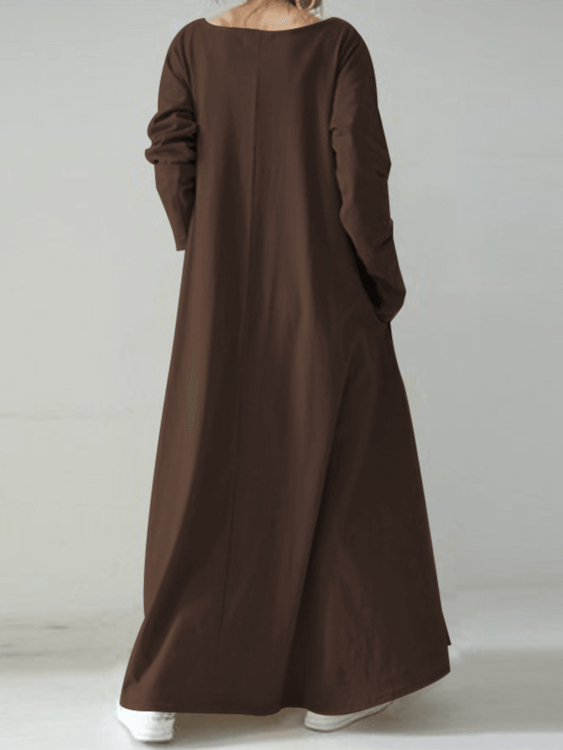 Women Casual Solid Color V-Neck Loose Long Sleeve Swing Maxi Dress - MRSLM
