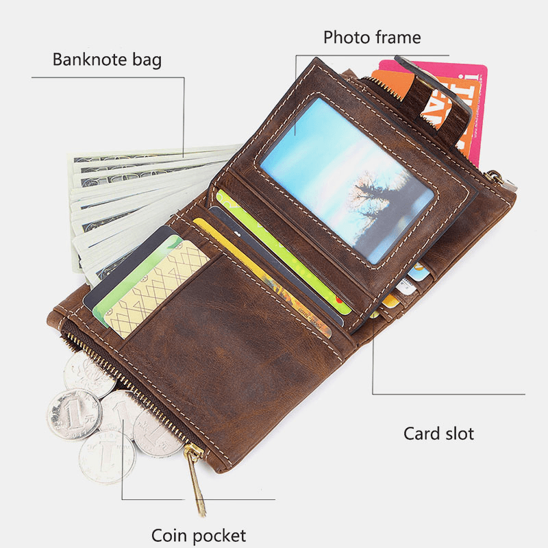 Men Genuine Leather Short RFID Anti-Magnetic Multi-Card Slot ID Wallets Card Case Money Clip Coin Purse Wallet - MRSLM