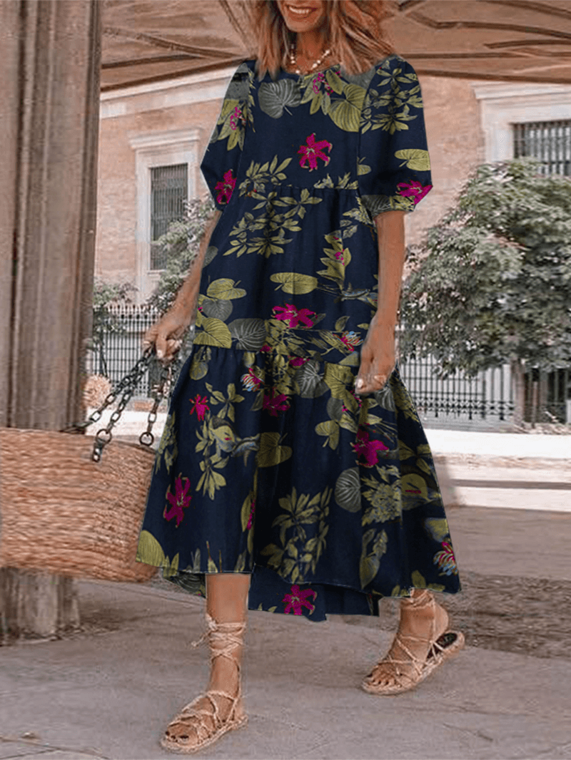 Women 100% Cotton Puff Pleeve Printed Flower Elastic Cuff Short Sleeve Midi Dress - MRSLM