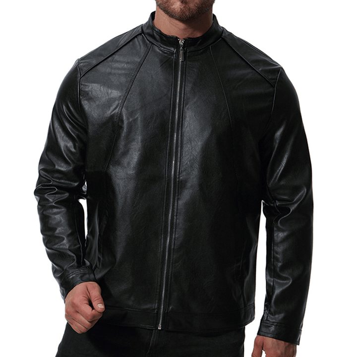 Mens Biker Stand Collar Stylish Faux Leather Black Jacket - MRSLM
