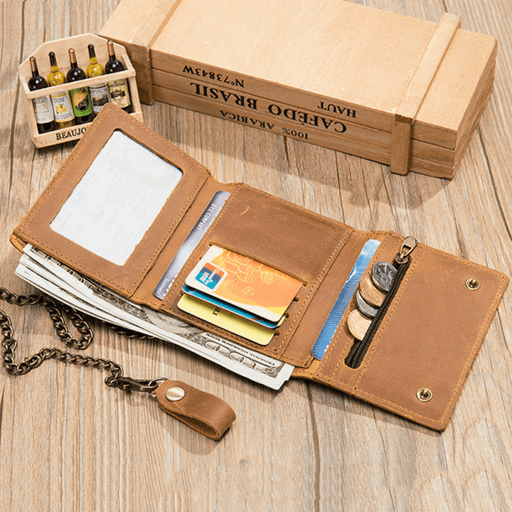 Men Genuine Leather RFID Solid Color Business Retro Personality Style Multi-Slot Card Holder Wallet with Chain - MRSLM