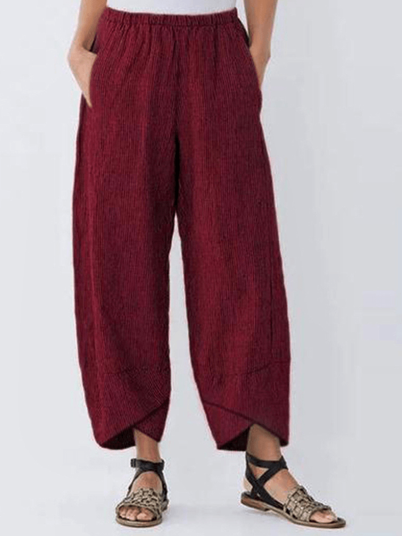 Casual Pocket Elastic Waist Stripe Women Pants - MRSLM
