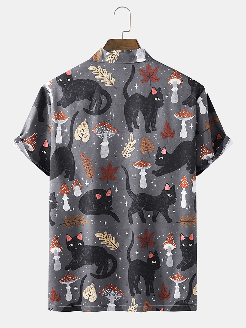 Mens Street Cat & Mushroom Print Revere Collar Shirts - MRSLM