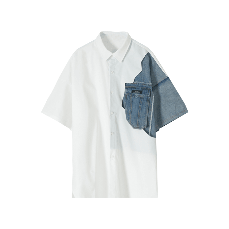 White Denim Shirt with Square Neck and Short Sleeves - MRSLM