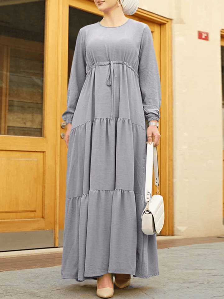 Women Long Sleeve Back Buttons Kaftan Tunic Solid Color Elastic Cuff Drawstring Waist Midi Dresses - MRSLM