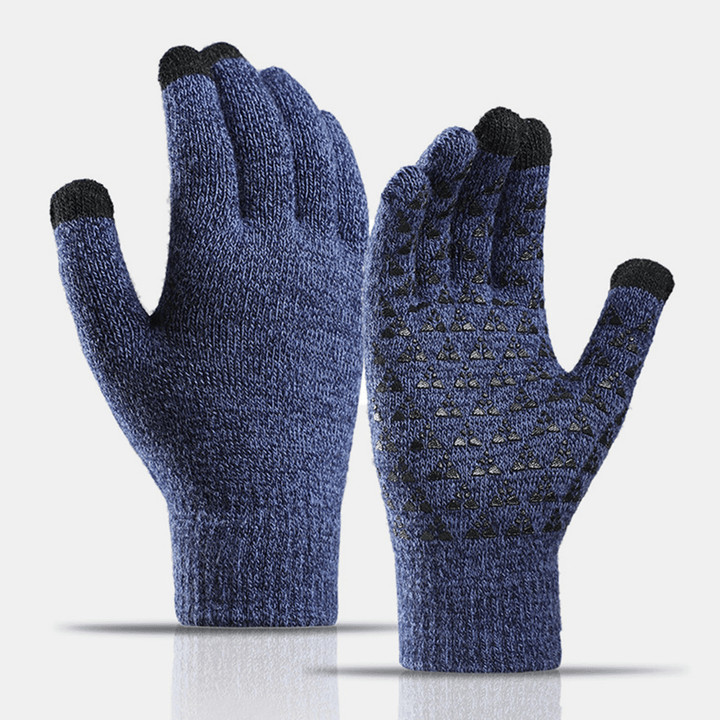 Unisex Three-Finger Touch-Screen Palm Triangle Silicone Non-Slip Pattern Knitted Gloves plus Velvet Thicken Soft Winter Warm Gloves - MRSLM