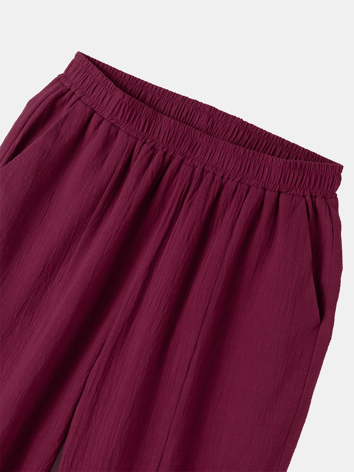Elastic Waist Solid Color Side Pocket Cotton Casual Harem Pants for Women - MRSLM