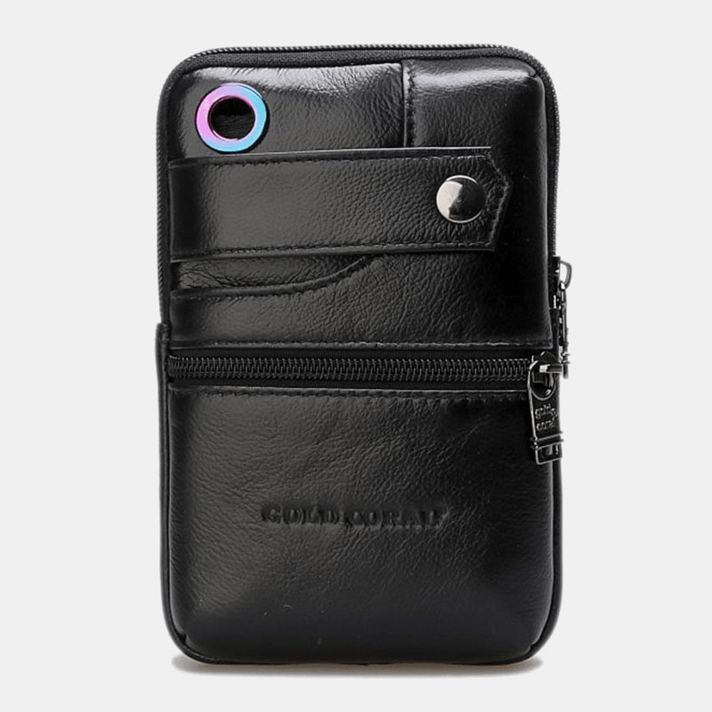 Men Genuine Leather Retro Business Double Layers 6.5 Inch Phone Bag Waist Bag with Belt Loop - MRSLM