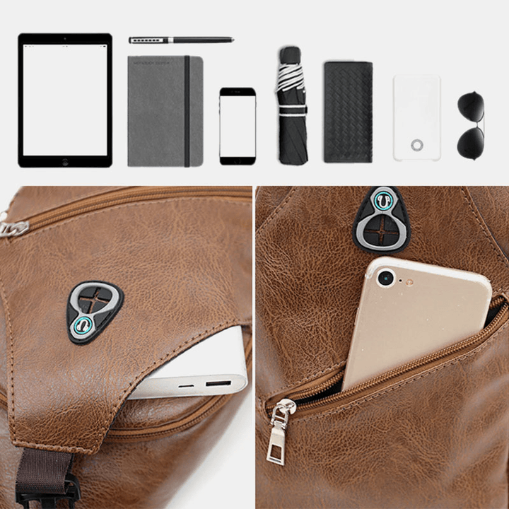 Men Faux Leather USB Charging Earphone Travel Retro Business Chest Bag Crossbody Bag - MRSLM