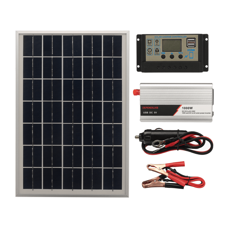 12V/24V DIY Solar System Kit LCD Solar Charge Controller 18V 20W Solar Panel 1000W Solar Inverter Solar Power Generation Kit - MRSLM
