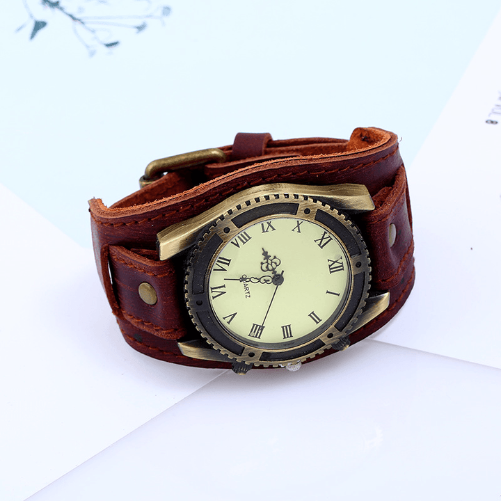 Casual Vintage Multi-Layer Cowhide Leather Strap Unisex Quartz Watch Bracelet - MRSLM
