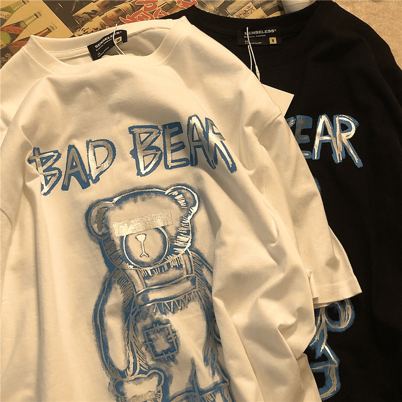 2021 Summer New Ins Tide Brand Creative Graffiti Bear Print Short-Sleeved T-Shirt Male Loose Half-Sleeved round Neck T-Shirt - MRSLM
