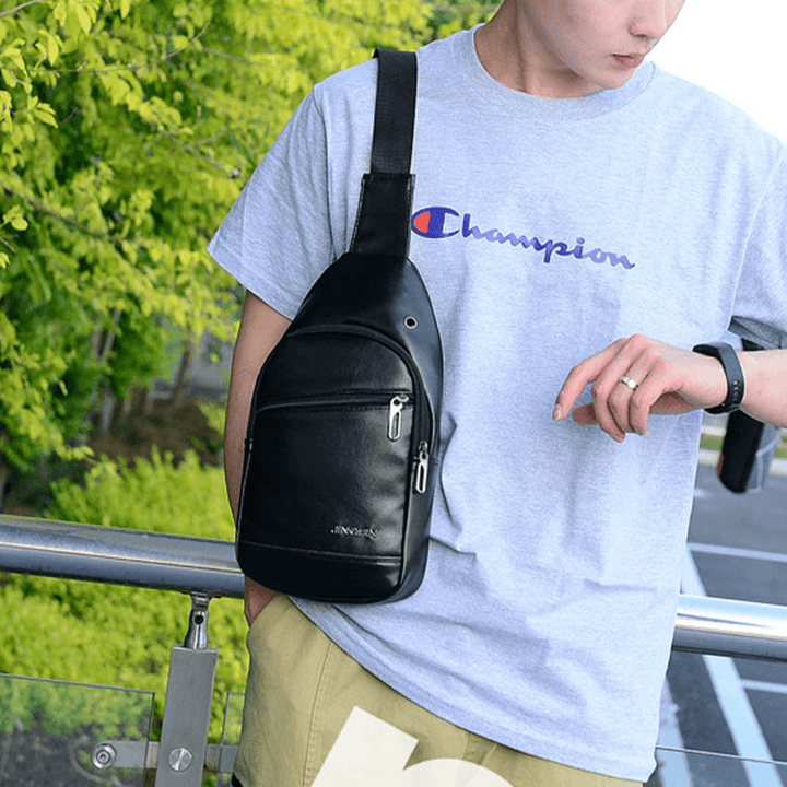 Men PU Leather Earphone Hole Multi-Carry Waterproof Crossbody Bag Chest Bag Sling Bag - MRSLM