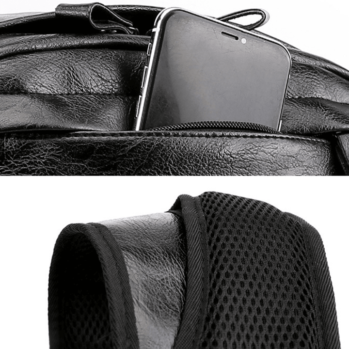 Men USB Charging Faux Leather Business Retro Large Capacity Waterproof 15.6 Inch Laptop Bag Backpack - MRSLM