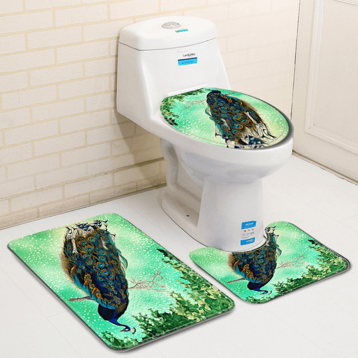 4Pcs Peacock Print Shower Curtain Floor Mat Bathroom Mat Bath Creat Decor - MRSLM