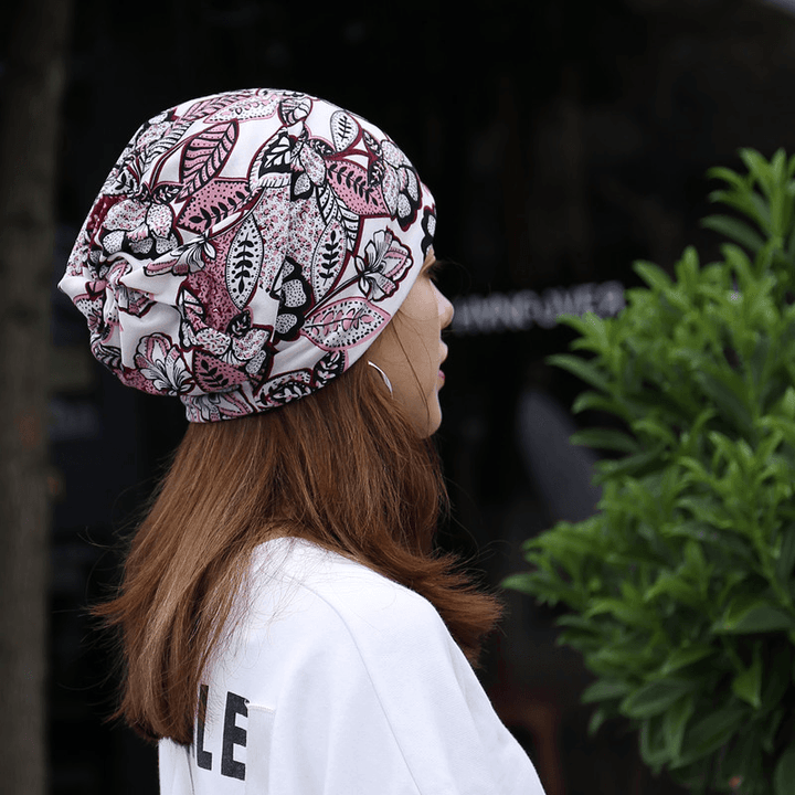 Women Cotton Floral Leaf Printing Pattern Casual Outdoor Dual-Use Neck Protection Brimless Beanie - MRSLM