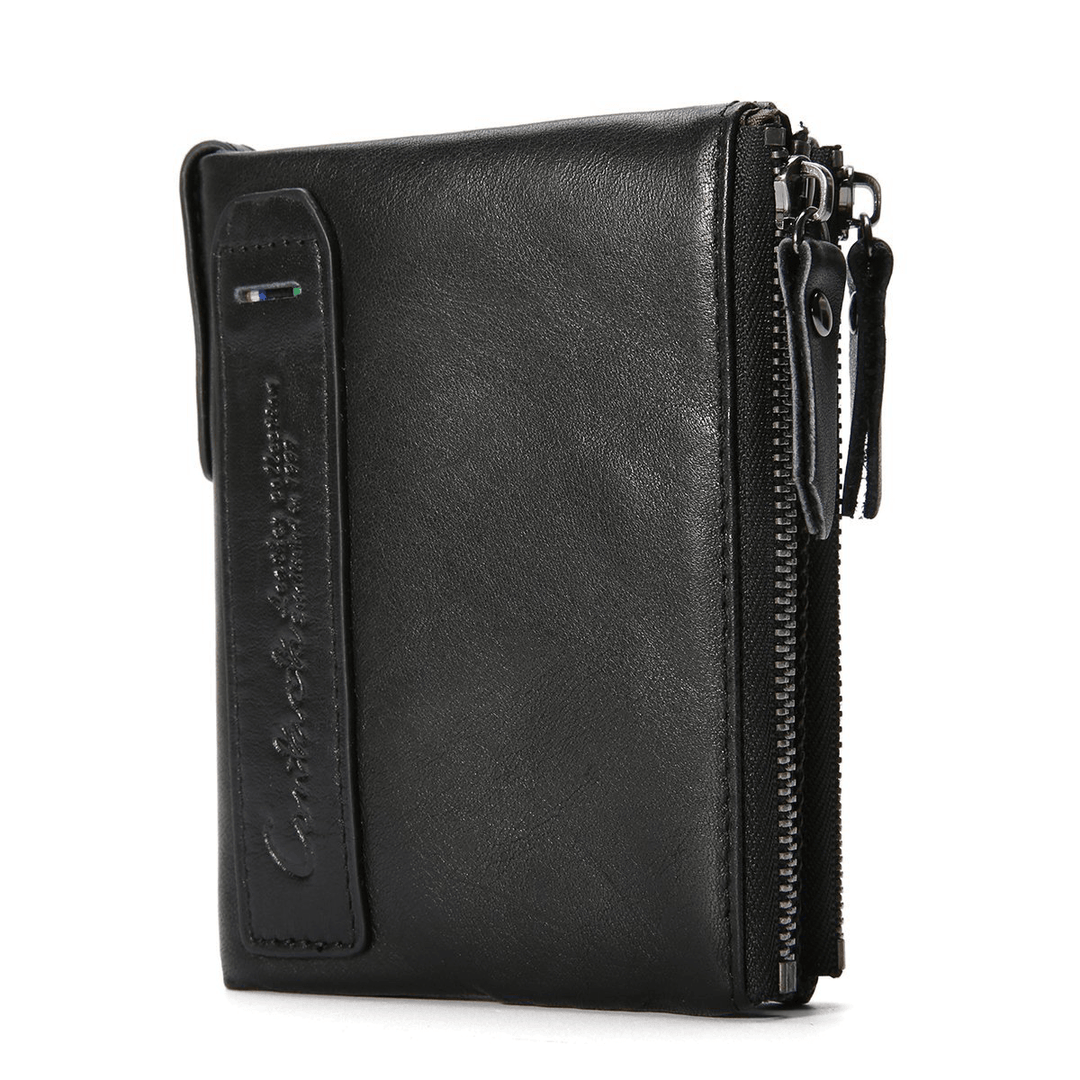 Men Genuine Leather Bifold Hasp Multi-Card Slot Card Holder Retro Double Zipper Pocket Coin Purse Short Money Clip Wallet - MRSLM