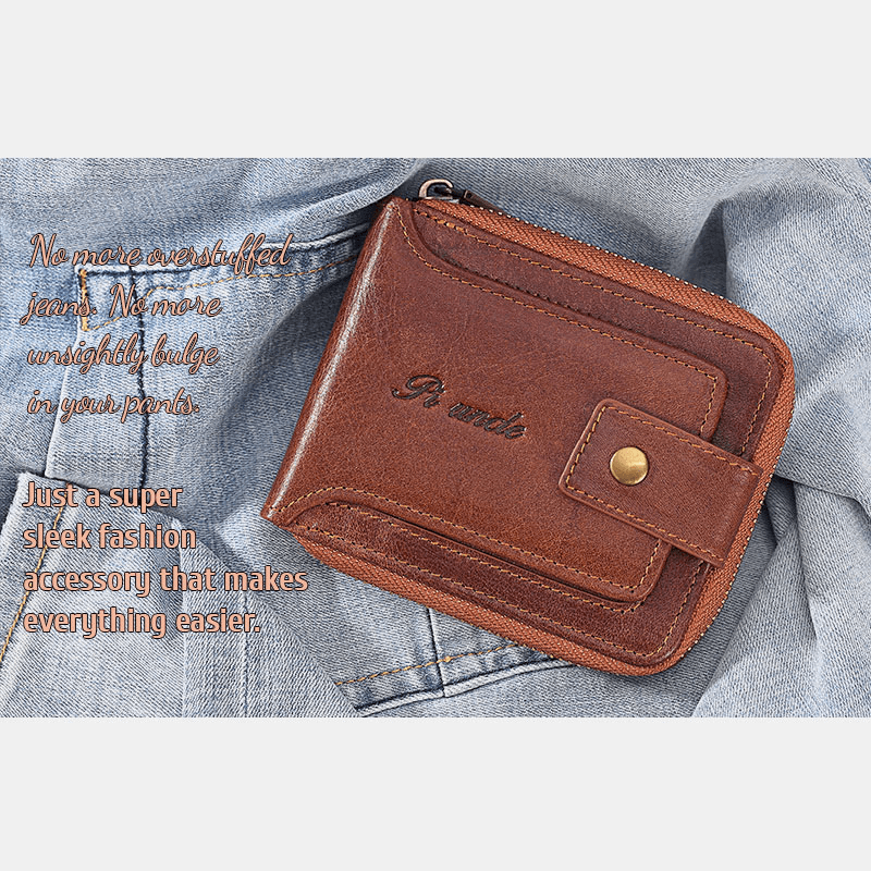 Men Genuine Leather RFID Blocking Wallet Vintage Organizer Zipper Wallet - MRSLM