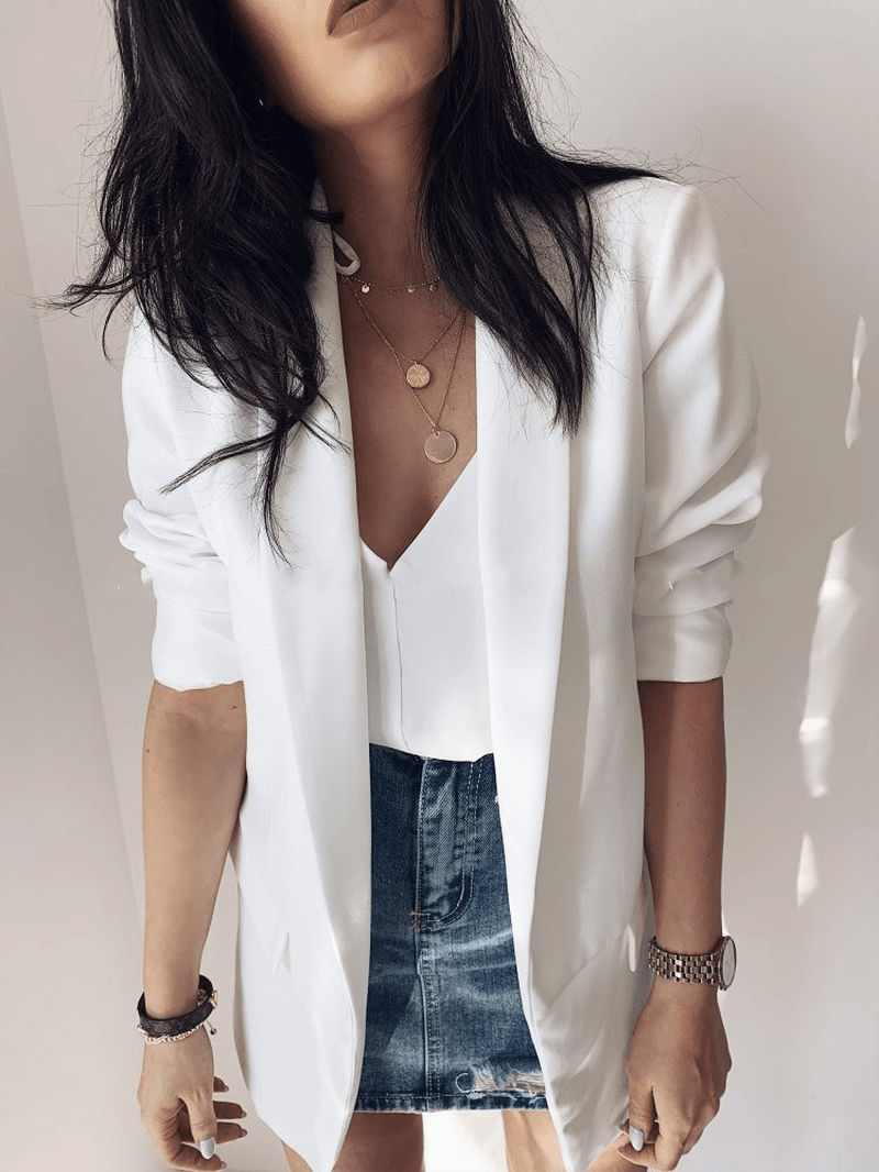 Women Solid Color Pocket Shawl Collar Elegant Long Sleeve Blazers - MRSLM
