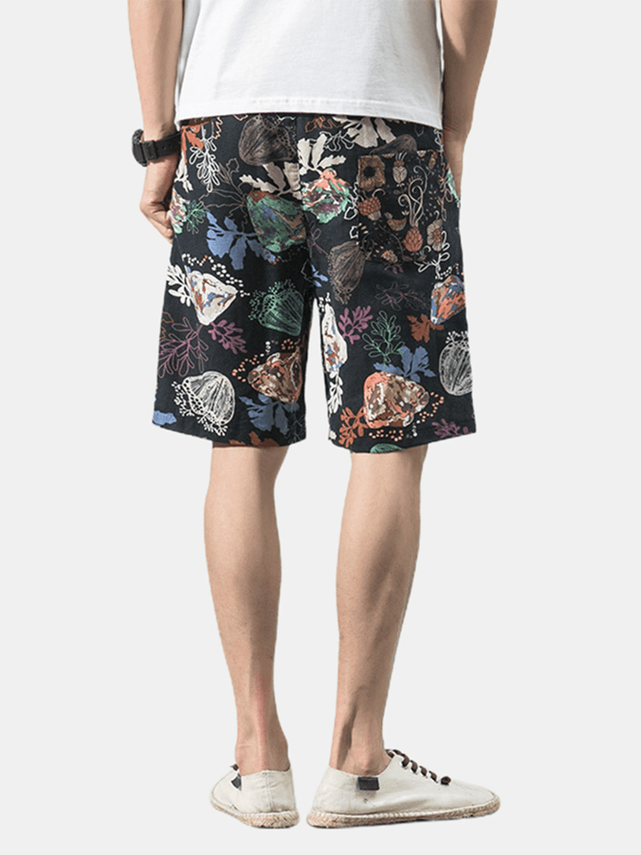 Cotton Mens Floral Print Pocket Drawstring Casual Shorts - MRSLM
