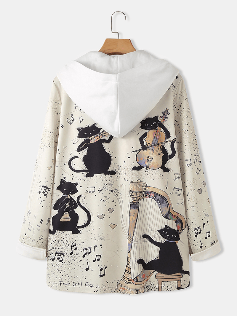 Women Cartoon Music Cat Print Zipper Front Long Sleeve Thick Hooded Coat - MRSLM