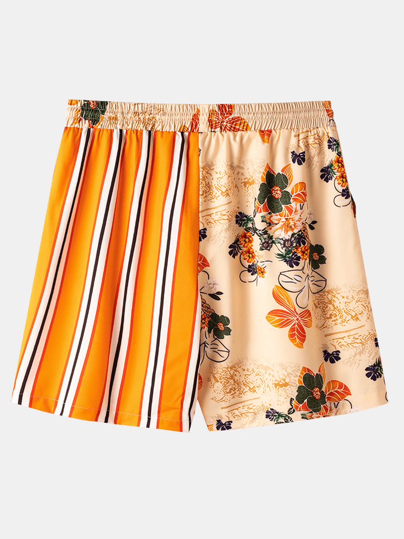 Mens Striped Floral Print Patchwork Drawstring Comfy Causla Shorts - MRSLM