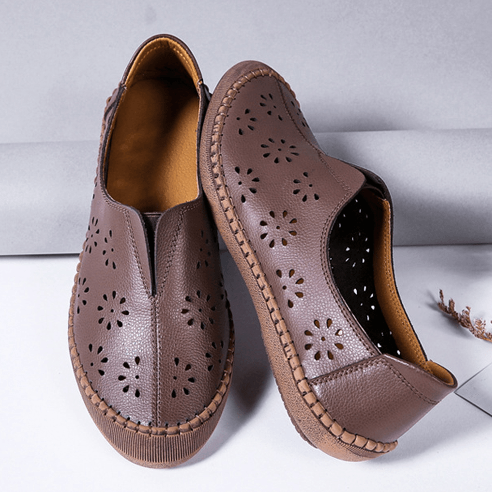 Women Genuine Leather Slip on Elastic Band Breathable Hollow Out Spring Causal Flats Loafers - MRSLM