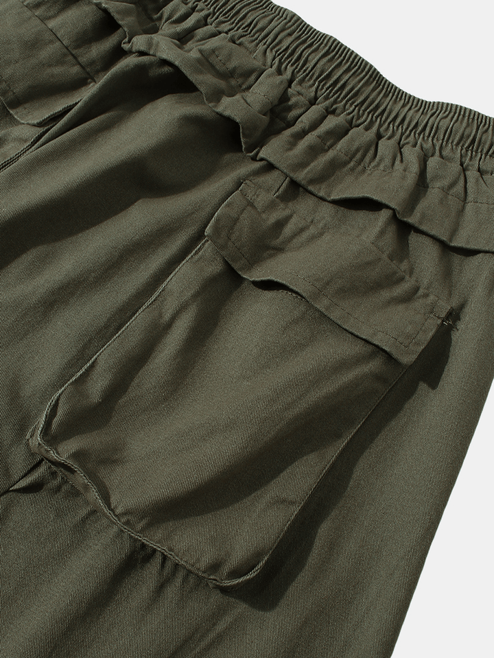 Mens Letter Print Side Ribbon Cotton Drawstring Cargo Pants with Pocket - MRSLM