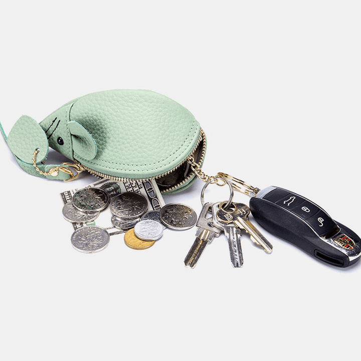Women Genuine Leather Casual Cute Animal Mouse Pattern Mini Keychain Coin Bag Storage Bag - MRSLM
