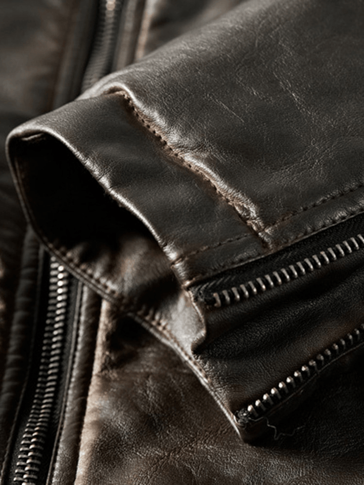 Mens Vintage Washed PU Leather Stand Collar Pocket Long Sleeve Jacket - MRSLM