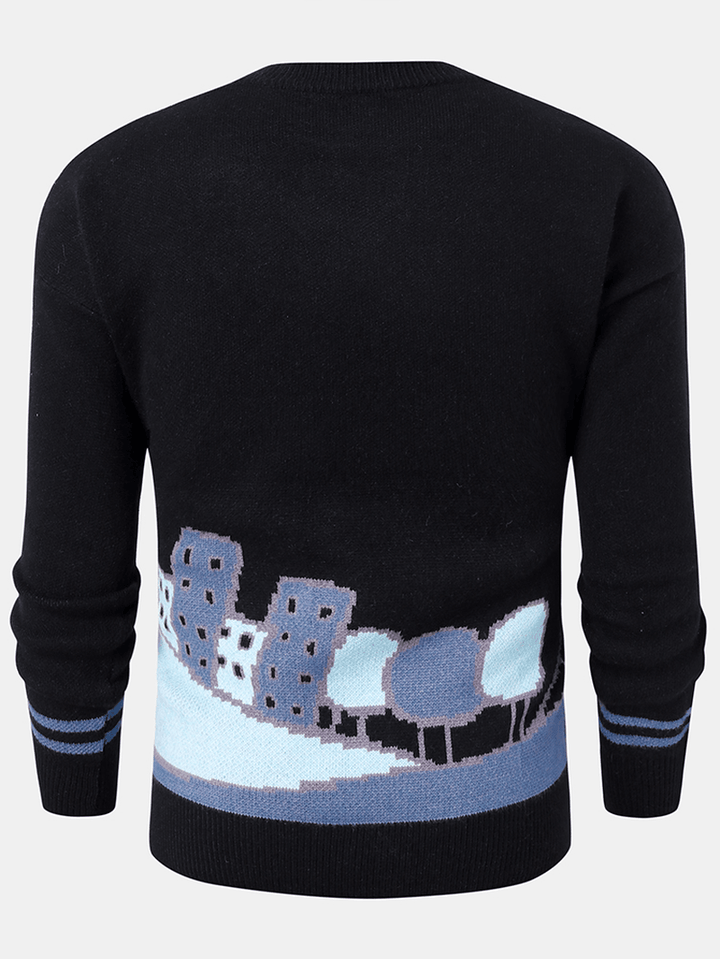 Mens Cartoon Animal Letter Embroidery Crew Neck Ribbed Knit Sweaters - MRSLM