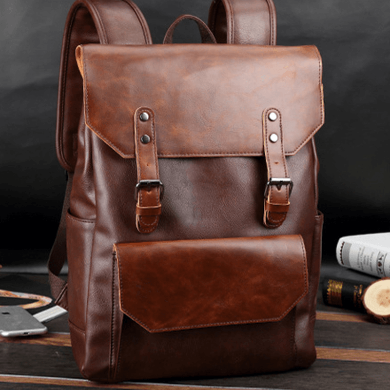 Unisex PU Leather Large Capacity Travel Backpack Vintage Laptop Bag - MRSLM