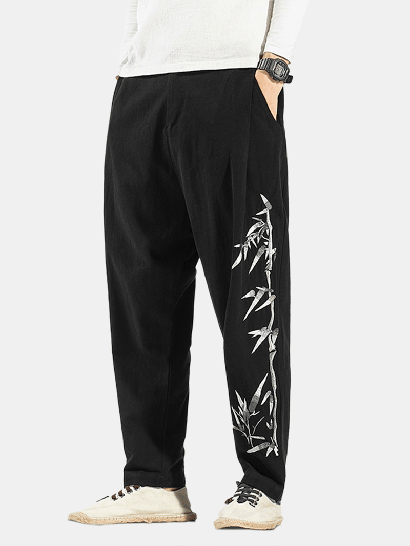 Mens Cotton Oriental Bamboo Print Breathable Button Casual Pants - MRSLM
