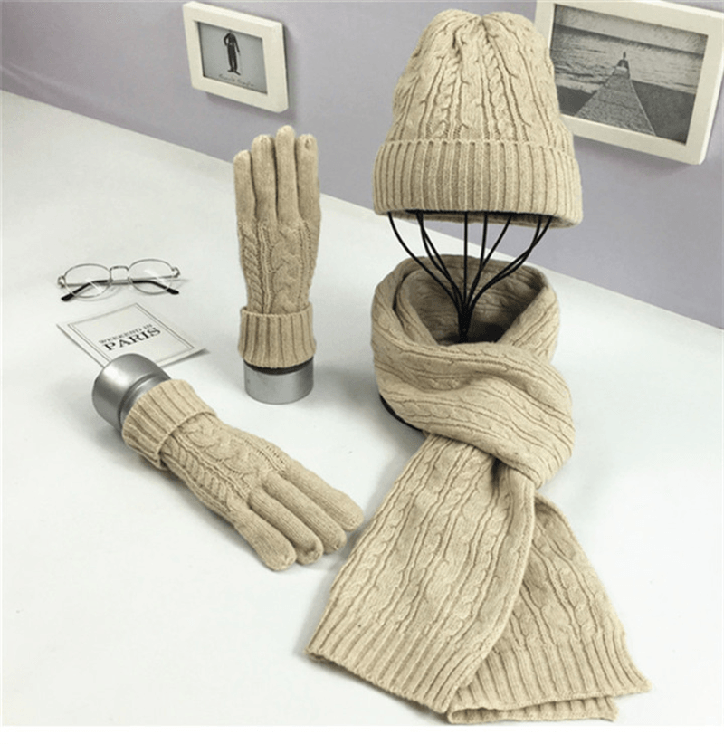 Fashion Solid Color Twist Warm Hat Scarf Glove Set - MRSLM