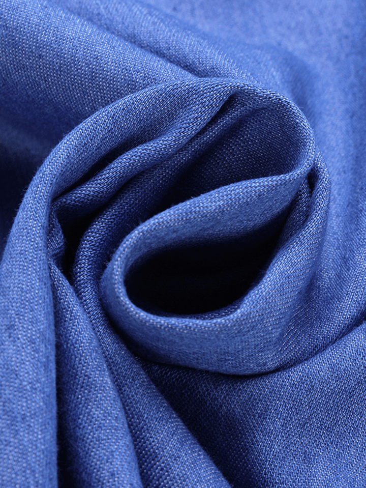 Women Casual V Neck Denim Blue Jean Fold Sleeve Mini Dress - MRSLM