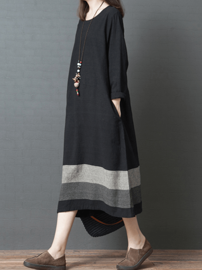 Vintage Women Loose Cotton Linen Striped Patchwork Dress - MRSLM